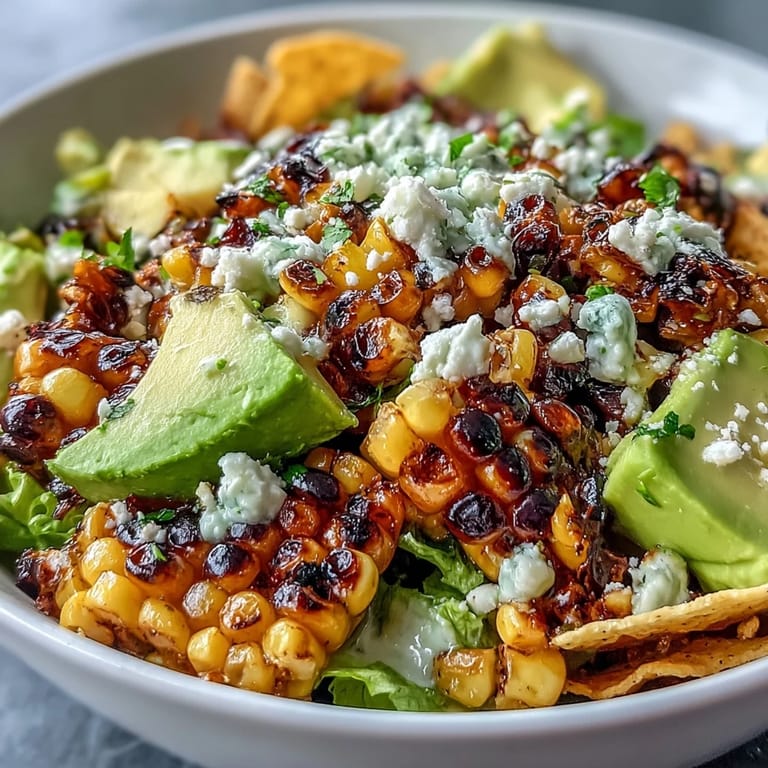 A vibrant vegetarian taco salad featuring charred corn, black beans, crisp veggies, and crunchy tortilla chips.  