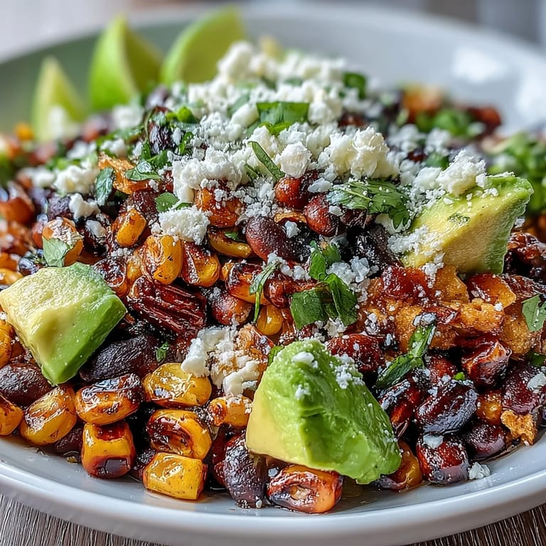 Mexican-inspired grilled corn and black bean salad with creamy avocado, fresh cilantro, and tangy lime vinaigrette.