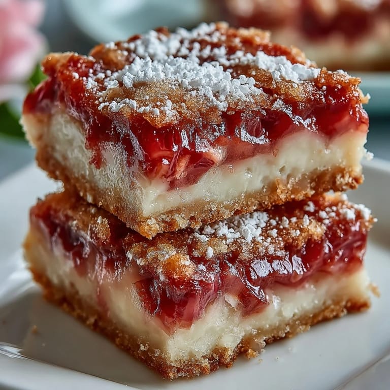 Buttery shortbread crust topped with vibrant rhubarb and silky vanilla custard, these bars are a perfect springtime treat.