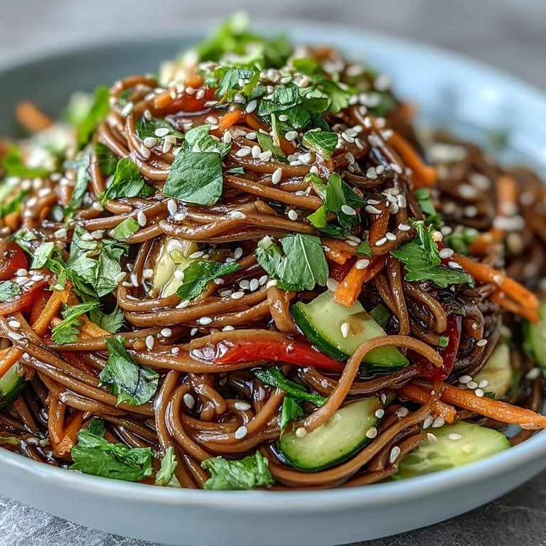 Cold soba noodle salad with vibrant vegetables and a zesty sesame ginger dressing.