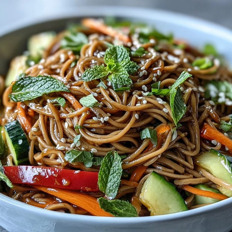 Chilled soba noodle salad featuring crisp carrot, cucumber, and bright ginger-sesame sauce.