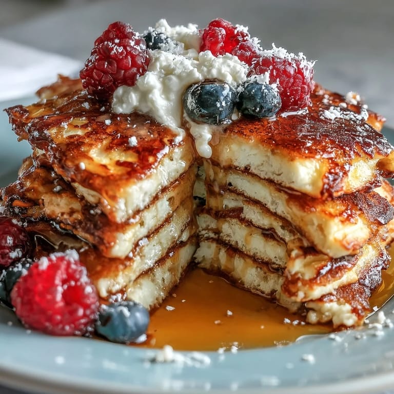 Golden brown Icelandic Skyr Pancakes served with fresh berries, a perfect healthy morning meal.
