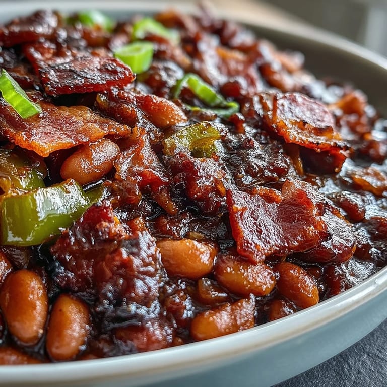 Gooey, molasses-rich Juneteenth BBQ Baked Beans with bacon, ready for serving.