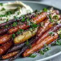 Oven-roasted rainbow carrots with creamy tahini hummus, a vibrant, healthy appetizer.