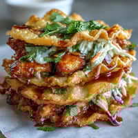 Golden-brown Crispy Chicken Wonton Tacos filled with ginger-spiced chicken and topped with shredded slaw.