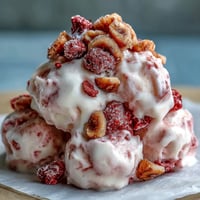 Frozen Strawberry & Banana Yoghurt Clusters show creamy yogurt dotted with freeze-dried fruit and banana chips on a tray.