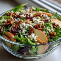 Fresh Mixed Greens and Apple Bowl topped with crunchy walnuts and creamy cheese, tossed in a shiny cider vinaigrette.