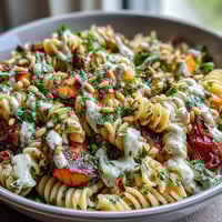 A vibrant bowl of Whole Wheat Pasta Bowl with roasted vegetables and creamy sauce, topped with pine nuts.