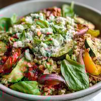 Farro Pasta Bowl served warm with crumbled feta, fresh parsley, and toasted pine nuts.