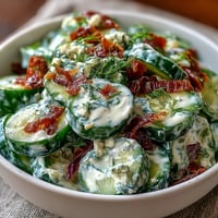 Creamy cucumber salad with dill and Greek yogurt in a white bowl, garnished with fresh dill sprigs and black pepper.
