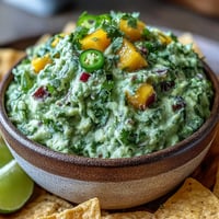 Easy Cinco de Mayo Guacamole with Mango and Jalapeño in a white bowl, garnished with fresh cilantro and lime wedges, served with crispy tortilla chips.