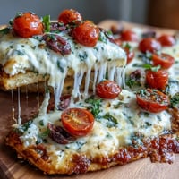 Golden cottage cheese flatbread pizza with bubbly mozzarella, fresh tomatoes, and spinach on a high-protein base.