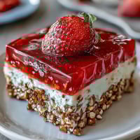 A vibrant slice of Memorial Day Strawberry Pretzel Salad with fresh strawberries glistening atop a creamy cheesecake layer and crunchy pretzel crust.