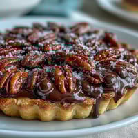 Decadent Kentucky Derby Chocolate Bourbon Pecan Tart with rich chocolate chips, crunchy pecans, and a flaky golden crust.  