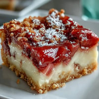Rhubarb Custard Bars with Shortbread Crust - golden bars with tangy rhubarb and creamy custard atop a buttery shortbread base.