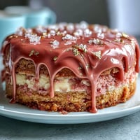 Elegant pink Rosé Velvet Cake showered with shimmering edible gold.